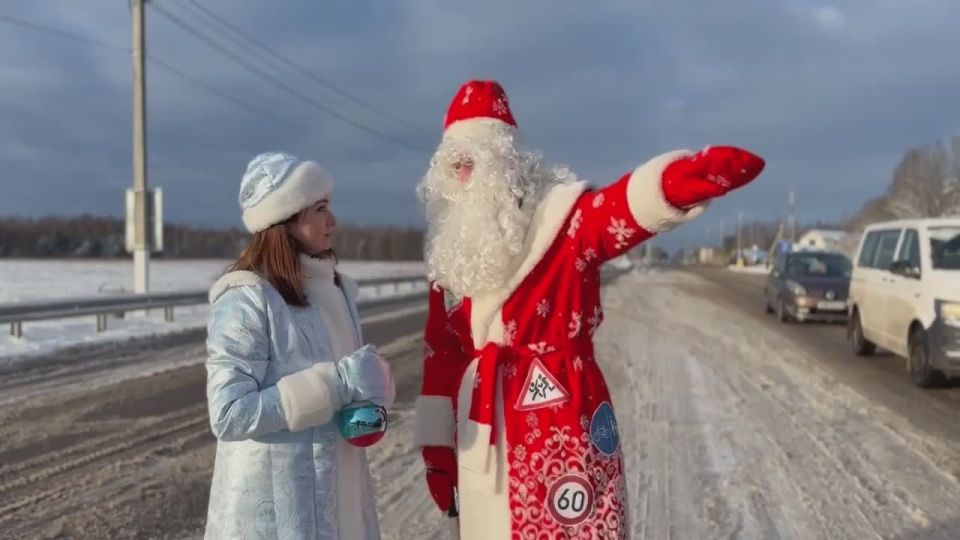 На границе России и Беларуси автоинспекторы, Дед Мороз и Снегурочка напомнили водителям о ПДД